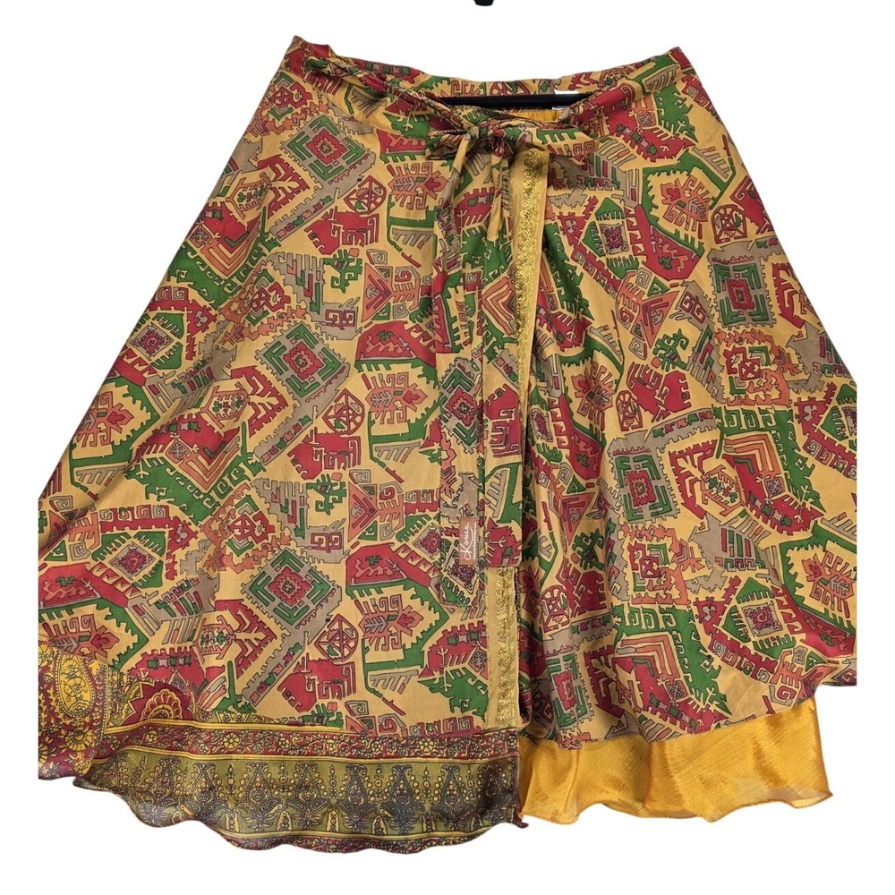 Kariza Silk Rayon Wrap Skirt Large Reversible Geometric Bohemian Midi Fairy Core